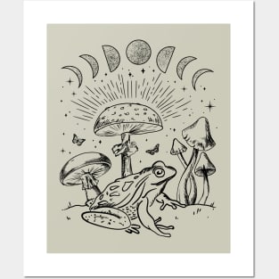 Frog Under Mushroom Moon, Dark Academia Cottagecore Toad and Butterfly Posters and Art